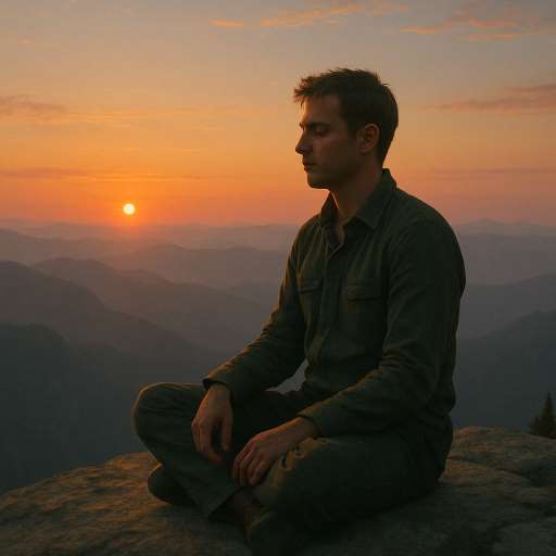 Elias sitting cross-legged on the summit at sunset