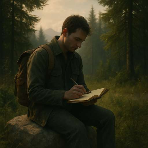 Elias writing quietly in a journal while sitting on rock