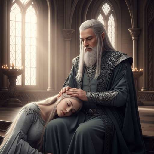 Elrond placed a gentle hand on Arwen's head.