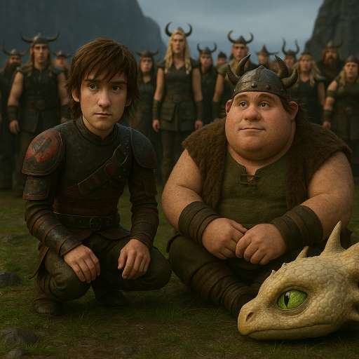 Fishlegs sits beside Hiccup in front of the dragon