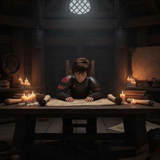A real friend is one who walks in: Hiccup sits at a wooden table