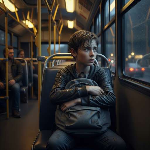 If everything around seems dark: In bus, a young boy sits by himself