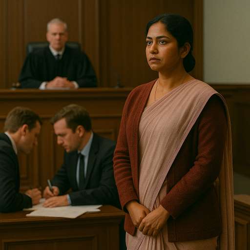 Inside a stark courtroom, Debika stands tall