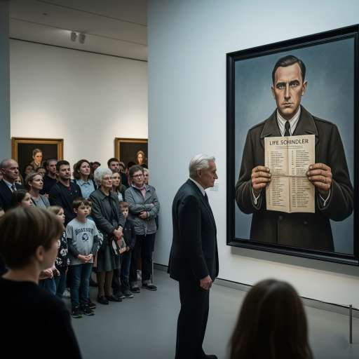 Jakub, stands beside a large painting of Schindler holding a list