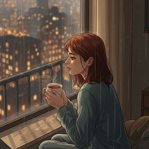 MIa at home sipping coffee