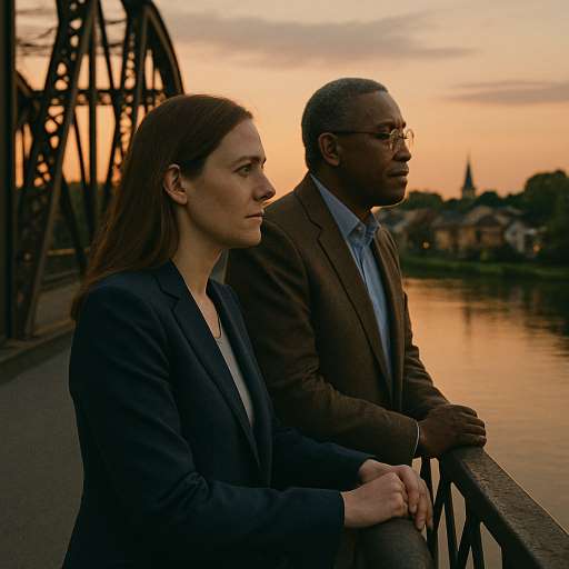 Maya and Councilman Reed stand on the bridge at dusk