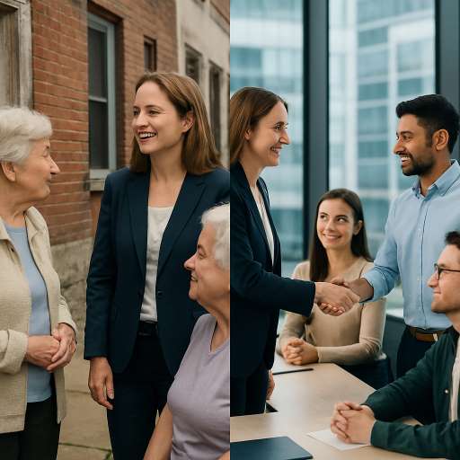 Politics is a game of compromise: Maya with eldely residents vs. Maya hand shake with young professionals