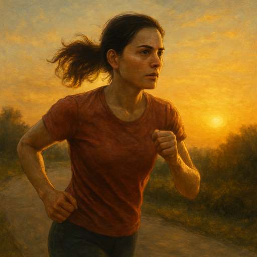 Mira, mid-stride, running along a quiet path during sunset