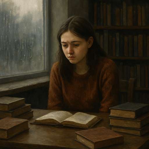 There will always be people in your life: Mira sits alone at a wooden library table