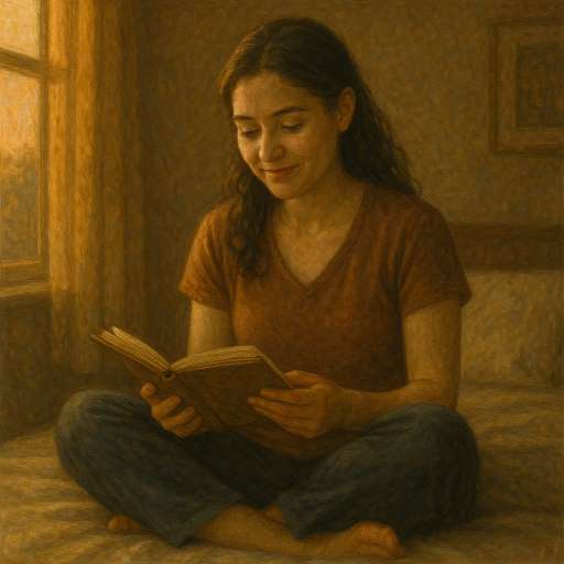 Mira sits cross-legged on her bed and reading book