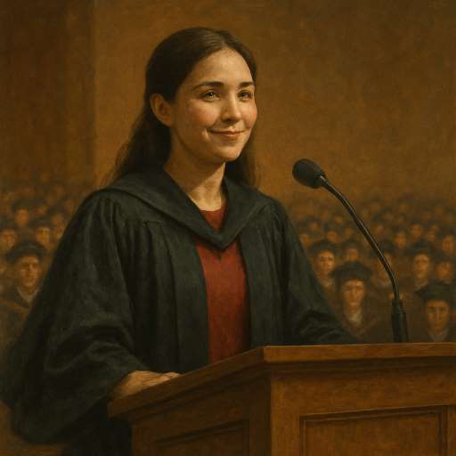 Mira stands confidently at a podium