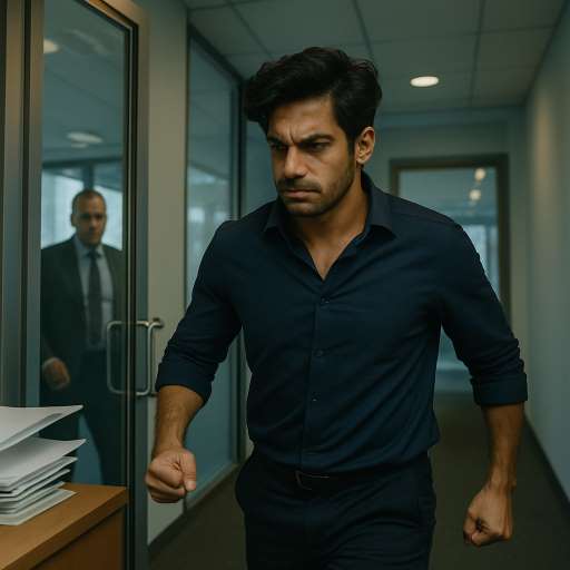 You have to train your mind to be stronger: Office corridor, glass door mid-slam behind Arjun by manager