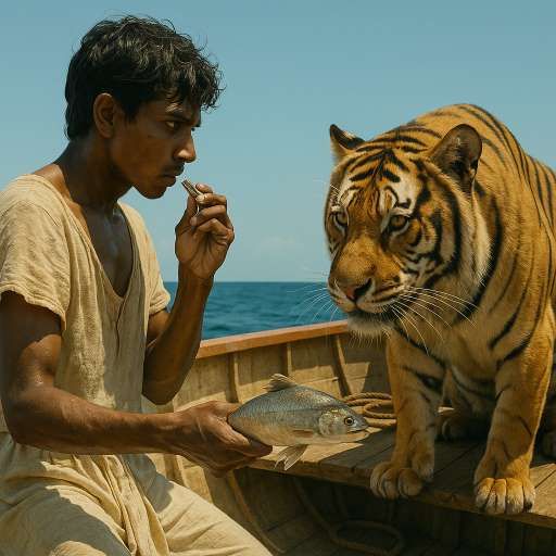 Pi holding a fish and a whistle. tiger watching him from corner of the boat