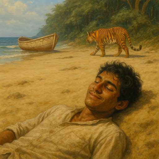 Pi lies on the shore of a Mexican beach & tiger steps into the jungle