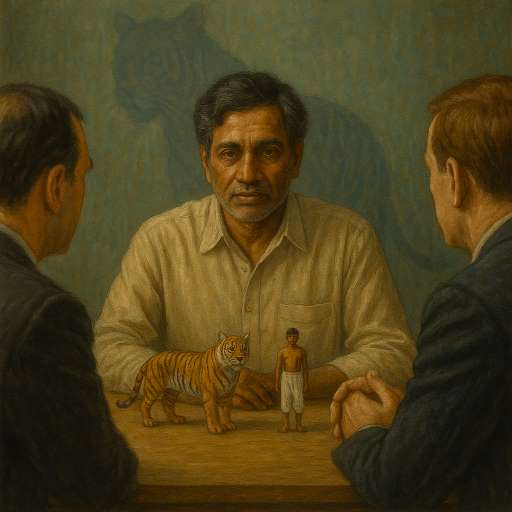 Pi, now older, sits at a table across from two investigators