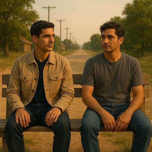 Ravi and Kunal sitting side-by-side on the old bench from their youth