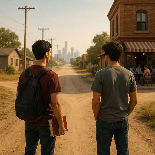 If you want to fly with eagles: Ravi and Kunal standing at a crossroad on a dusty town path