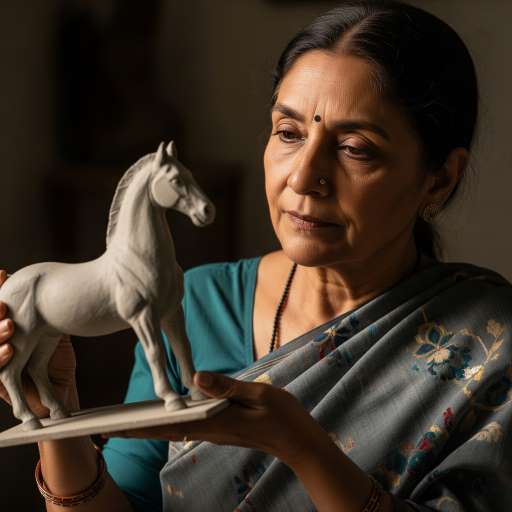 The Woman in Gray Saree Inspecting the Clay Horse