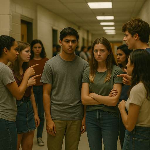 Sometimes it's best to stay silent: Two students stand apart, looking anxious and misunderstood by the students