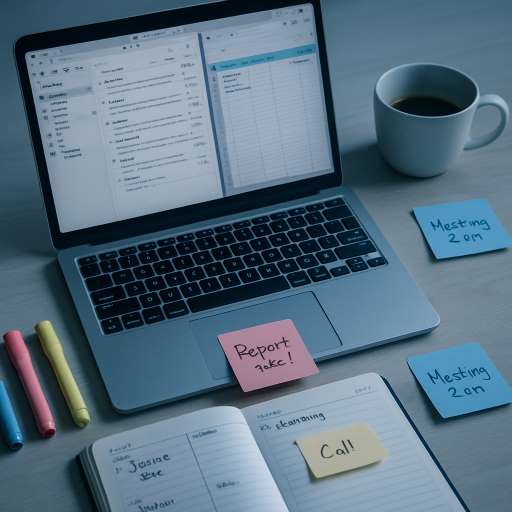 Always find time for the things: desk cluttered with a laptop, sticky notes and a half-finished coffee cup