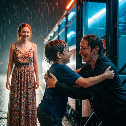 the boy runs into his mother’s arms, Mia watching