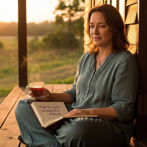 A woman sits on a porch with tea and a journal in her lap