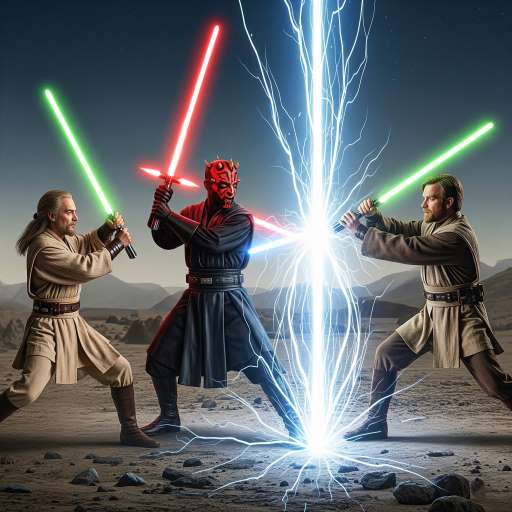 An intense lightsaber battle rages
