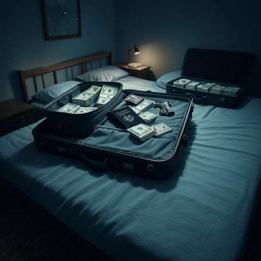 An open suitcase on the bed reveals a hidden items