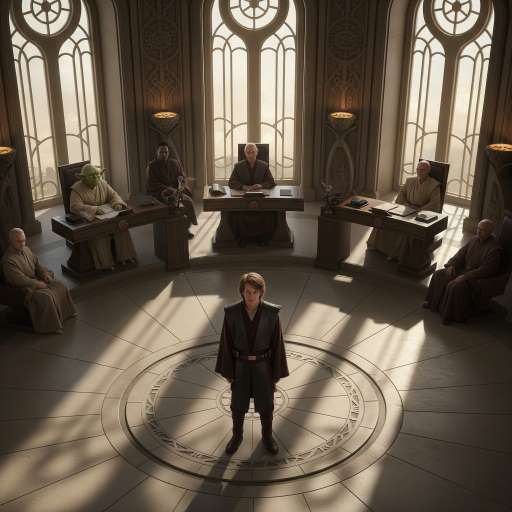 Fear is the path to the dark side: Anakin Skywalker stands alone on the circular floor of the Jedi Council chamber