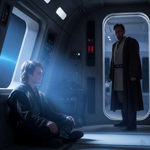 Anakin meditates on the floor. Obi-Wan watches from the doorway