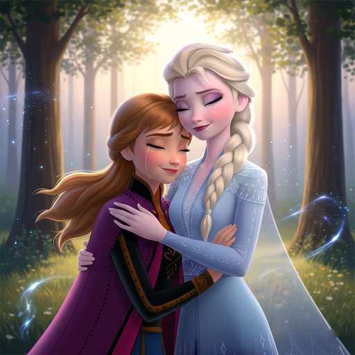 Anna and Elsa stand in a warm embrace