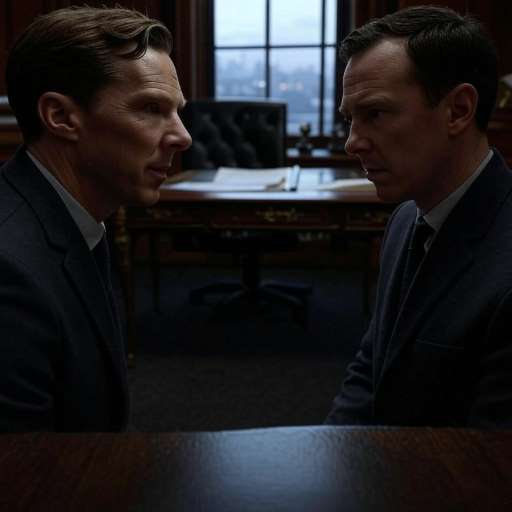 Benedict Cumberbatch sits across from Stewart Menzies in a wood-paneled office