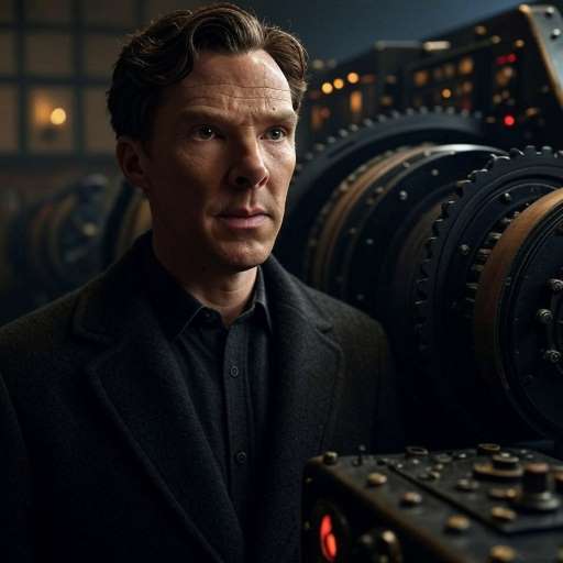 Benedict Cumberbatch stands in front of Bombe machine