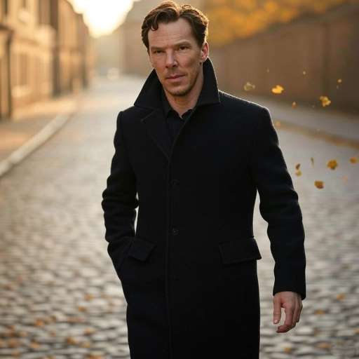 Benedict Cumberbatch walking down a quiet Cambridge street