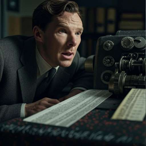 Benedict Cumberbatch watching a strip of paper prints out