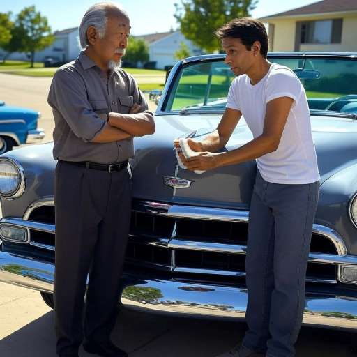 Each person we meet: Daniel, is polishing a classic car. Mr. Miyagi stands nearby