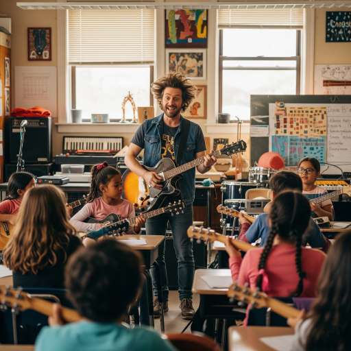 Children must be taught how to think: Dewey in front of the class holding a guitar while students watch