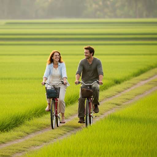 Elizabeth and a man ride bicycles along rice field
