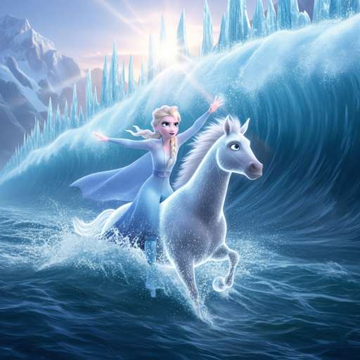 Elsa, galloping across the floodwaters on the glowing water horse