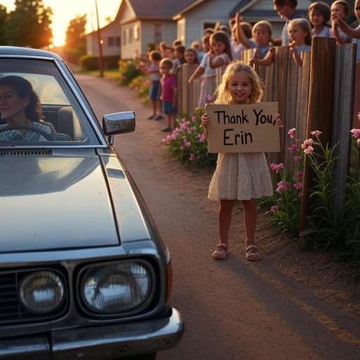 Erin driving away in her dusty old car a little girl hold a card