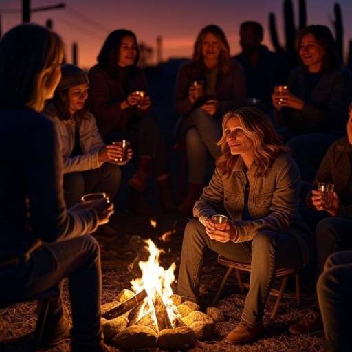 Erin & residents seated in a circle around a campfire