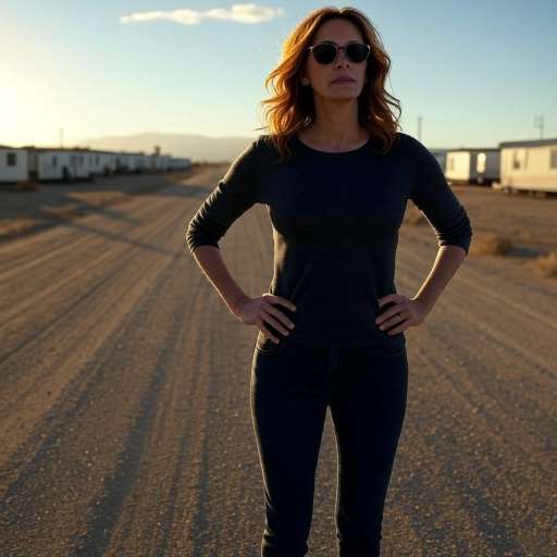Let’s fight for what’s right: Erin standing alone on a sun-scorched dirt road in Hinkley