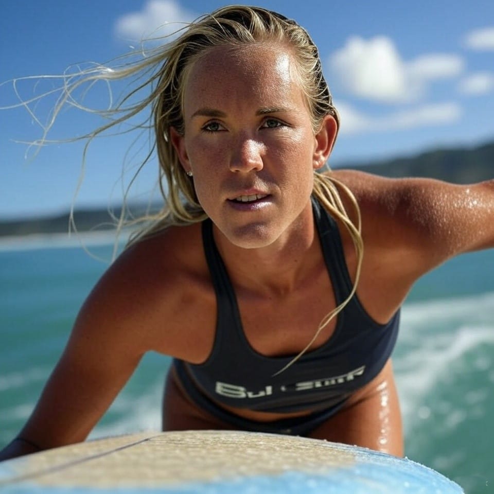 Girl balancing carefully as she rides a wave with only one arm