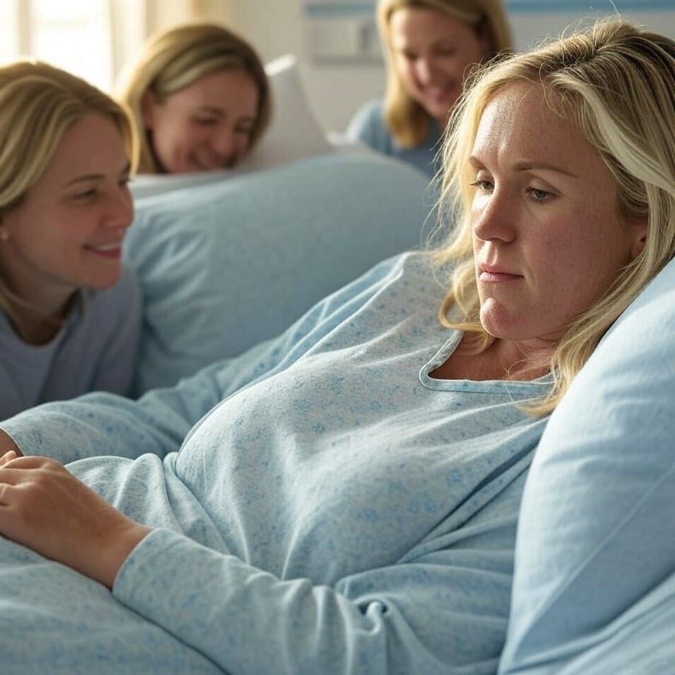 Girl lies in a hospital bed with her family and friends gathered around her