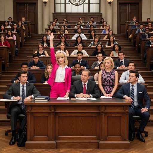 In a law lecture hall, Elle raises her hand