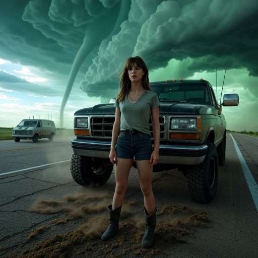 You don't face your fears: Kate Carter stands by her truck, looking up at the roiling sky