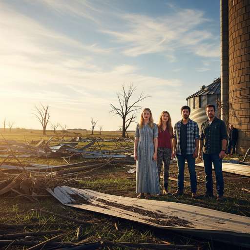 Kate, Lilly, Javi, and Tyler stand together near a partially destroyed silo