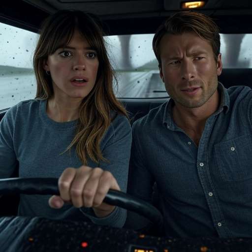 Kate’s hands clutch the steering wheel tightly, Tyler, sitting next to her