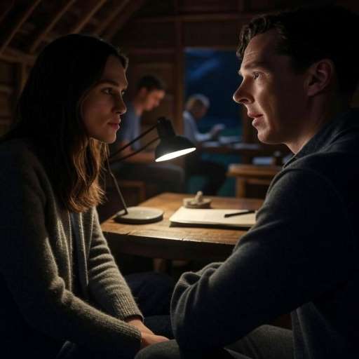 Keira Knightley watches Benedict Cumberbatch closely as he speaks softly