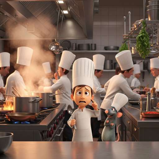 The only thing predictable about life: Linguini stands nervously, spoon in hand, while Remy stand besides him in kitchen